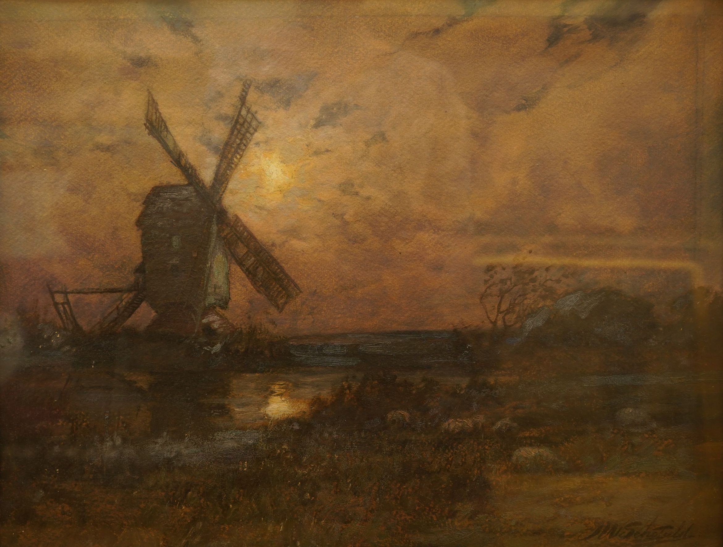 John William Schofield (1865-1944), Riverscape with windmill, oil and mixed media, signed, 34 x 44cm, ornate gilt frame